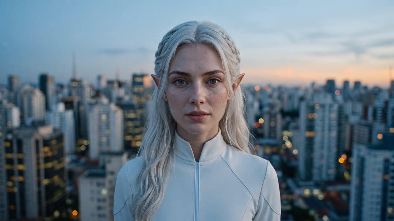 Victoria num terraço em São Paulo ao anoitecer